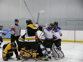 An Interlake bantam minor hockey playoff game in Stonewall got out of hand Sunday, March 30, 2014, between the Stonewall Blues and Lake Manitoba First Nation. A linesman was kicked and punched by players while he was laying on the ice while some spectators fought in the stands, said RCMP. (HANDOUT PHOTO)
