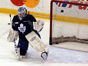 Goaltender Jonathon Bernier takes shots at the MasterCard Centre on Monday. (Dave Thomas/Toronto Sun)