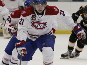 Cole Bolton, in action Sunday, scored the Kingston Voyageurs' lone goal in a 3-1 loss to the host Aurora Tigers in OJHL playoff action Monday night. Aurora leads the North-East Conference final 3-0. (Julia McKay/The Whig-Standard)