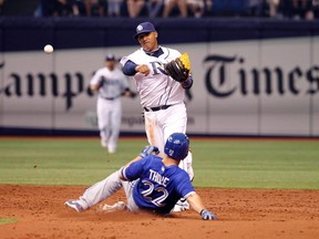 Blue Jays’ Maicer Izturis gets the out at second base ahead of James Loney yesterday in St. Petersburg. (AFP/PHOTOS)