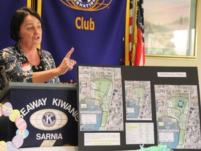 Ciy/county Coun. Bev MacDougall speaks at a Seaway Kiwanis Club meeting Tuesday, April 1, 2014. She encouraged Kiwanis members to share their opinions on proposed plans for the redesign and remediation of Centennial Park. BARBARA SIMPSON/THE OBSERVER/QMI AGENCY