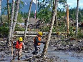 Service members navigate over mounds of debris as they continue their efforts to find more victims from the massive mudslide that struck Oso, Washington, March 31, 2014. (REUTERS/Sarah M. Booker/U.S. Army National Guard/Handout)