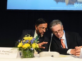 Intergovernmental Panel on Climate Change (IPCC) Chairman Rajendra Pachauri (L) and Co-chairman Thomas Stocker present the U.N. IPCC Climate Report during a news conference in Stockholm.

REUTERS/Bertil Enevag Ericson