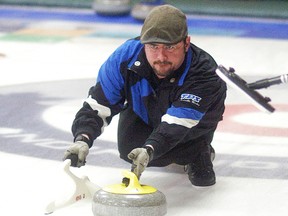Derek McNeil delivers a rock during the Crazy Legs bonspiel on March 29. The bonspiel was held over three days this past weekend at the Sydenham Community Curling Club. The bonspiel was the last event for the curling club for this season.