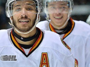 Belleville Bulls teammates Cameron Brace, left, and Stephen Harper have been nominated for major OHL awards along with Remi Elie, not in photo. (OHL Images)