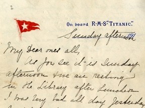 An undated handout reproduction of a letter released by Henry Aldridge and Son on April 1, 2014 shows a page of the only known letter to have been written on board the Titanic on the day the liner struck an iceberg and sank. (AFP PHOTO/HENRY ALDRIDGE AND SON)
