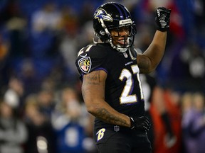 Ray Rice of the Baltimore Ravens warms up prior to playing an NFL game against the Pittsburgh Steelers at M&T Bank Stadium on November 28, 2013. (Patrick Smith/Getty Images/AFP)