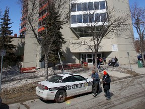 Police are investigating a homicide at an apartment block on the 400-block of Elgin Avenue, where a man's body was found inside one of the suites. (Chris Procaylo/QMI Agency)
