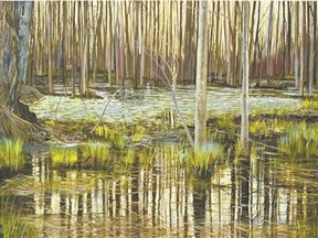 This painting, titled April Reflections by Cathy Groulx, is part of a new exhibition titled, Painting It Real, at Westland Gallery in Wortley Village till April 19.