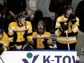Kingston Frontenacs’ Roland McKeown screams in frustration as Warren Steele, left, and Evan McEneny stand at the bench after losing in overtime to the Peterborough Petes in Game 7 of an Ontario Hockey League Eastern Conference quarter-final series at the Rogers K-Rock Centre on Tuesday night. (IAN MACALPINE/THE WHIG-STANDARD)