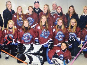 CONTRIBUTED PHOTO
Tillsonburg Nichols Gravel U14 Twisters competed at the Western Region Ringette Regionals in Guelph on the weekend. From left, behind goalie Savannah Baker, are (front) Tishara Loucks, Sierra Nutley, Emma Dew, Hannah Bosma, Mariah Barras, Justine Lemaich, Hope Horton, (back row) assistant coaches Makenzie Balcomb and Kendale Bailey, Stephanie Parker, Alyssa Parsons, coach Bob Becht, Katie Becht, assistant coach Mike Dew, Kaitlyn Gee, manager Tammy Dobbie, and trainer Lisa Adams. Not in the photo: assistant coach Meagan Belaen. The team thanked Nichols Gravel for sponsoring the 2013-14 U14 tween ringette team.