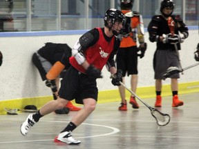 Connor Smith (in red) of the Point Edward Jr. 'B' Pacers lacrosse team works on a footwork drill during day two of training camp on Wednesday, April 2 at the Point Edward Arena. The Pacers began camp on Tuesday night and will take part in a pre-season tournament in Six Nations this weekend. SHAUN BISSON/THE OBSERVER/QMI AGENCY