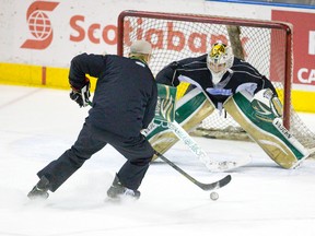 London Knights defence coach Jeff Paul lines up a shot on goaltender Anthony Stolarz during a team practice at Budweiser Gardens on Thursday.  The Knights open their OHL Western Conference best-of-seven semifinal series against the Guelph Storm in Guelph on Friday. (CRAIG GLOVER/The London Free Press)