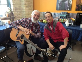 Kingston's Gary Rasberry, a 2014 Juno Award nominee, sits with fellow children's entertainer Fred Penner. (Supplied photo)