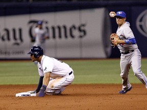 Shortstop Ryan Goins of the Toronto Blue Jays gets the out on Desmond Jennings of the Tampa Bay Rays at second base following Ben Zobrist's fielder's choice during the seventh inning of a game on April 3, 2014 at Tropicana Field. (Brian Blanco/Getty Images/AFP)