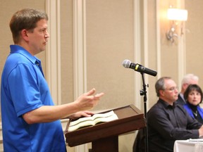 Gino Donato/The Sudbury Star
Myles Sullivan, area co-ordinator for USW for northeastern Ontario, makes a point to the  province's Mining Health, Safety and Prevention Review advisory group at the Holiday Inn on Wednesday afternoon.