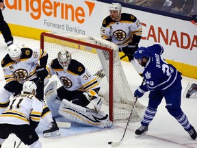 Maple Leafs forward Jerry D'Amigo goes in on Chad Johnson on April 3. (Michael Peake, Toronto Sun)