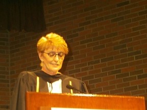 Kathy Gannon addresses Laurentian University grads Saturday at the Fraser Auditorium in June 2003. 
Photo: Harold Carmichael, The Sudbury Star