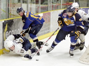 The North Division final against the Fort McMurray Oil Barons has been a tough go for Cameron Hughes (19) and the rest of the Spruce Grove Saints. - Gord Montgomery, Reporter/Examiner