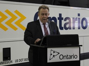 In this file photo, Northern Development and Mines Minister Michael Gravelle addresses media, local politicians and Ontario Northland Transportation Commission employees about the future of the Crown agency.