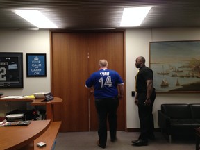 Mayor Rob Ford sports a Toronto Blue Jays jersey at City Hall on Friday. (Don Peat/Toronto Sun)