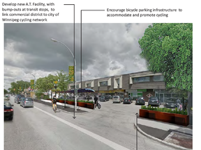 The West Broadway BIZ's master plan shows how a parking-protected bike lane will work. An open house on Saturday made a number of recommendations on how to improve cyclist and pedestrian traffic in the city.