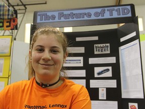 Keziah Jacob, who has type 1 diabetes, did her project on the subject for the Frontenac Lennox and Addington Science Fair. More than 200 students took part in the two-day event in Kingston, on Friday. 
MICHAEL LEA\THE WHIG STANDARD\QMI AGENCY.