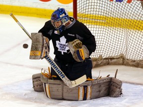 Ryerson goalie Troy Passingham filled in at Maple Leafs practice on April 4 (Dave Thomas, Toronto Sun)
