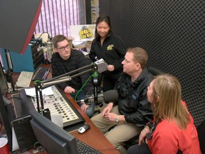 The Rig Morning Gig co-hosts Shaugn Best and Kasi Johnston (left) interview Woodlands Mayor Jim Rennie and Whitecourt Mayor Maryann Chichak (right) about the opening acts at this year's 8th annual Party in the Park. The two mayors made the announcement on Friday, April 4 live on Whitecourt radio station 96.7 The Rig. 
Bryan Passifiume photo | Whitecourt Star