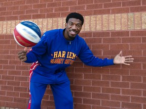 Solana Cain/For The Sudbury Star
Harlem Globetrotter Anthony "Buckets" Blakes spins a basketball on his finger outside the Sudbury Star newsroom. The entire team will be bringing their style of basketball, which includes lots of dunks and trick shots, to the Sudbury Arena next Tuesday