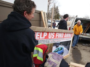 Dedicated friends of Anina Hundsdoerfer, an Edmonton researcher who has been missing since Saturday, March 22, 2014, load a cube van full at a home in west Edmonton, AB  on Saturday, April 5, 2014 with small and large billboards to take to Nordegg where Hundsdoerfer's car was found just three days after she disappeared. The group hopes the signs will help lead to finding the 32-year-old woman. Trevor Robb/Edmonton Sun/QMI Agency