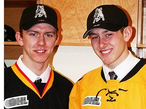 Brandon Saigeon (left) and Cole Candella are the newest members of the Belleville Bulls. Saigeon went fourth overall to Belleville in Saturday's 2014 OHL draft; Candella was Belleville's second-round selection. (PAUL SVOBODA/The Intelligencer)