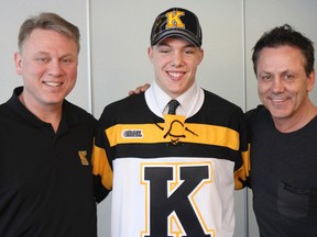 Kingston Frontenacs coach Todd Gill, left, with 15-year-old defenceman Reagan O'Grady and Frontenacs general manager Doug Gilmour at the Delta Kingston Waterfront Hotel on Saturday. O'Grady was the Frontenacs' first pick in the Ontario Hockey League Priority Selection, 15th overall.  (Julia McKay/The Whig-Standard)