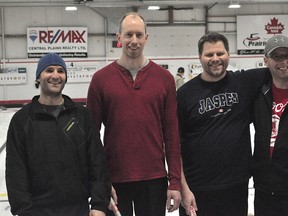 The A-side winners at the Last Chance bonspiel in Portage la Prairie: Jason McDougall, Curtis Day, Kevin Toews, and Mike Szmon. (Kevin Hirschfield/THE GRAPHIC/QMI AGENCY)