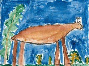 As part of an Interpretive Signage Project with EPBR Parks Council, Grade 4 students at Evergreen Elementary painted images, like this white tails deer, that will be used on information posts along Rotary/Pembina Community Trails.