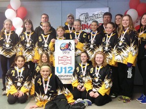 They travelled all the way to Sault Ste. Marie last Wednesday for the Ontario U12 ringette championships April 3-6, and the Mitchell Provincial Petites made sure the trip was worth it, bringing home the gold medal with an undefeated weekend of play. Mitchell team members are (back row, left to right): Emily Anstett, Jaci Mitchell, Ray Anstett (trainer), Julia Harmer, Erika Neubrand, Kevin Beuermann (head coach), Ainsleigh Wedow, Julia Deck, Gary Ryan (assistant coach), Jamison Beuermann, Melissa Ryan (assistant coach), Julia Dixon, Shawnee Ryan (assistant coach). Front row (left): Jenna Deck, Brianna Cook, Rachel Van Bakel, Analese Chaffe and Julia Gorman. SUBMITTED PHOTO