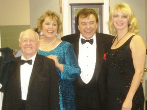 Holllywood legend, Mickey Rooney died on Sunday at the age of 93. Julian Gallo, Belleville tenor, formed a close friendship with Rooney after an accidental meeting. The two did many tours and were joined on the last rendezvous by local performer Lenni Stewart. From left to right: Mickey Rooney, Jan Rooney, Julian Gallo and Lenni Stewart in 2011.
