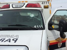 A man was arrested after a road rage incident where police say a golf club was used to hit an ambulance in Central Park shortly after noon on Monday, April 7, 2014.
Photo courtesy Mario Gaulin
OTTAWA SUN/QMI AGENCY