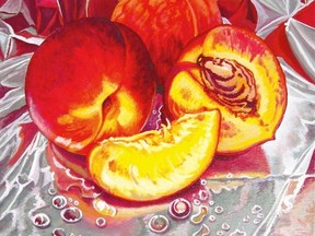 This painting, titled Foilscape with Peaches by London artist Aganetha Sawatsky, is among more than 500 works of art at the 42nd annual Brush and Palette Club three-day art show and sale on at St. Paul?s Cathedral Thursday through Saturday.