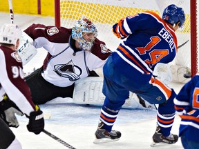 Jordan Eberle scores on Colorado goalie Semyon Varlamov during the Avalanche's last visit to Edmonton in December. The Oilers won 8-2.(Codie McLachlan, Edmonton Sun)