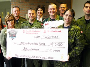 Members of  436 Squadron and corporate sponsors from Scotiabank and ScotiaMcleod present a cheque for $15,000 to Maj. Sandra Humphreys, from the CFB Trenton Wing Admin. Branch Tuesday, April 8, 2014. It was half of the money raised at the third annual CFB Trenton Pond hockey Classic played in Batawa.  - Ernst Kuglin/The Intelligencer/QMI Agency