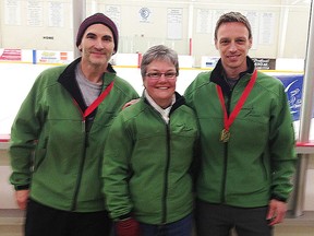 From left, Paul Pickard, coach Laura Woodall and Don Verhage of the Quinte Blades Speedskating Club. (PHOTO SUBMITTED)