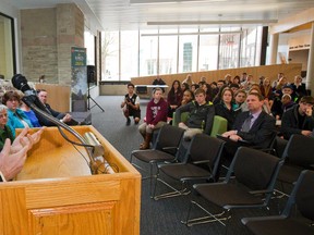 A passionate Glen Pearson, co-executive director of the London Food Bank, speaks at the launching of the Poverty Research Centre at Kings University College in London on Tuesday. (MIKE HENSEN, The London Free Press)