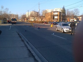 A boy's shoe and jacket lay at the scene of a serious collision that left at 12-year-old boy fighting for his life. photo supplied by Const. Clint Stibbe/Toronto Police)