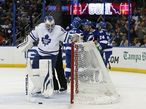The look from Leafs goalie James Reimer says it all about how their season has gone. Reimer likely won’t be back next season. (AFP)