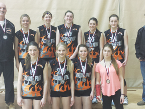Local volleyball players Calista Sainsbury (top row, middle) and Shailyn Boschman (top row, to the right of Sainsbury) are among several who will compete with Team Manitoba at the Western Elite Volleyball Championships next month.