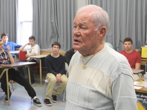 Second World War veteran Dwane Kelsey talked to students at Frontenac Secondary School in Kingston on Tuesday about his experiences to inspire them to create a project to commemorate the 100th anniversary of the start of the First World War. 
MICHAEL LEA\THE WHIG STANDARD\QMI AGENCY