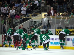 Play is stopped during the Dallas Stars and Columbus Blue Jackets game while team officials check out center Rich Peverley (not pictured) during the first period at the American Airlines Center on Mar 10, 2014; Dallas in TX, USA. (Jerome Miron/USA TODAY Sports)