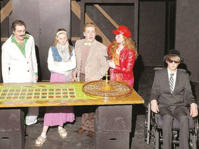 From left, Liam Murphy as Luigi Gaudi, Julie Beaumaster as Annabel Glick, David Carlson as Harry Witherspoon and Olivia van Delinder as Rita La Porta star in the Original Kids Theatre Company production of Lucky Stiff on at Spriet Family Theatre. (Malcolm Miller, Special to QMI Agency)
