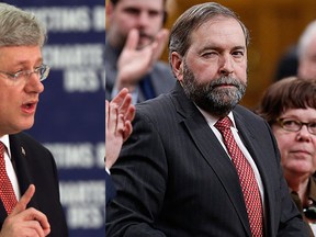 Prime Minister Stephen Harper urged NDP Leader Tom Mulcair to reimburse taxpayers roughly $3 million that may have been spent illegally. (REUTERS)